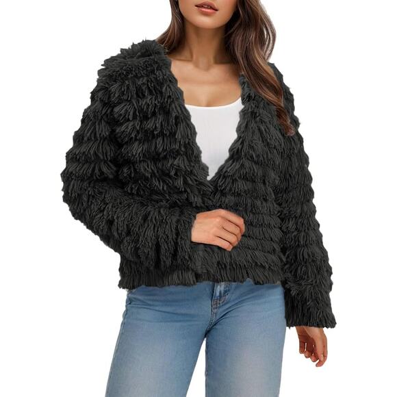Amoli Jackets & Blazers - Amoli Faux Fur Coat Fuzzy Fringe Dressy Cardigan Jacket Bolero Black NEW Size L